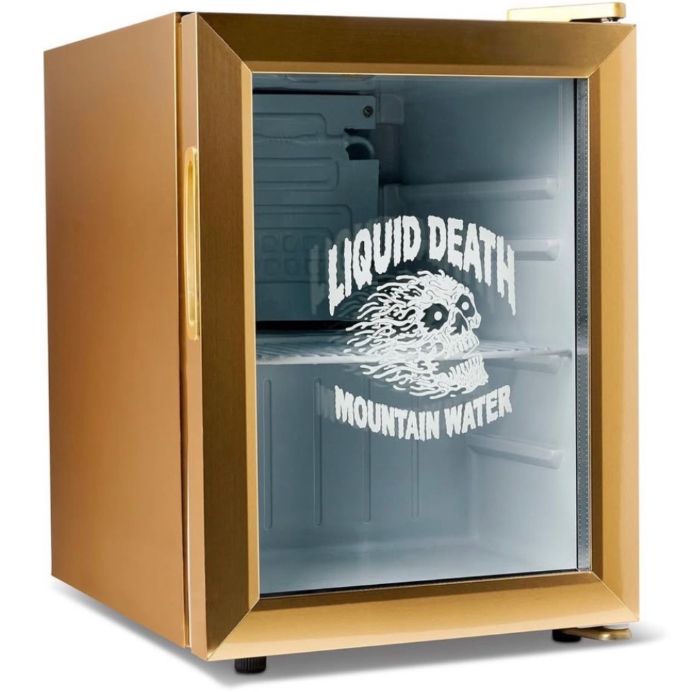 Liquid Death Mini Fridge in Gold